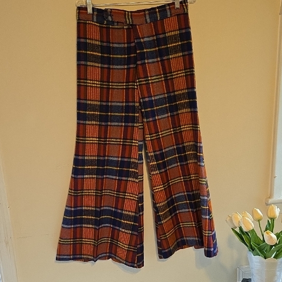 Pants - TRUE 70'S Plaid Wide Leg Pants Multicolor Bell Bottoms Wool.Small Hole Repaired.